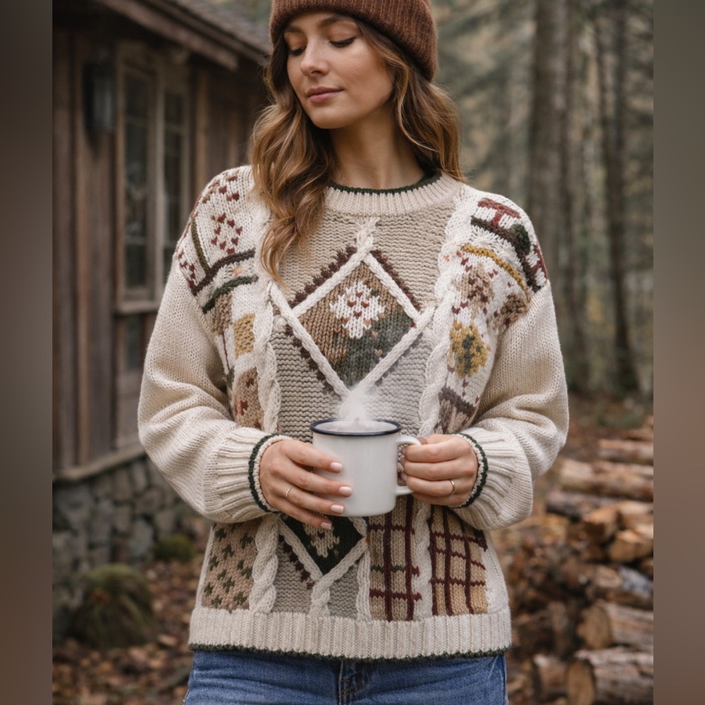 Vintage Patchwork Cable Knit Sweater Women‎ Cottagecore Grandpa Core Earthy M